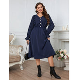 Solid Color Simple Button Lace Sleeve V neck plus Size Dress
